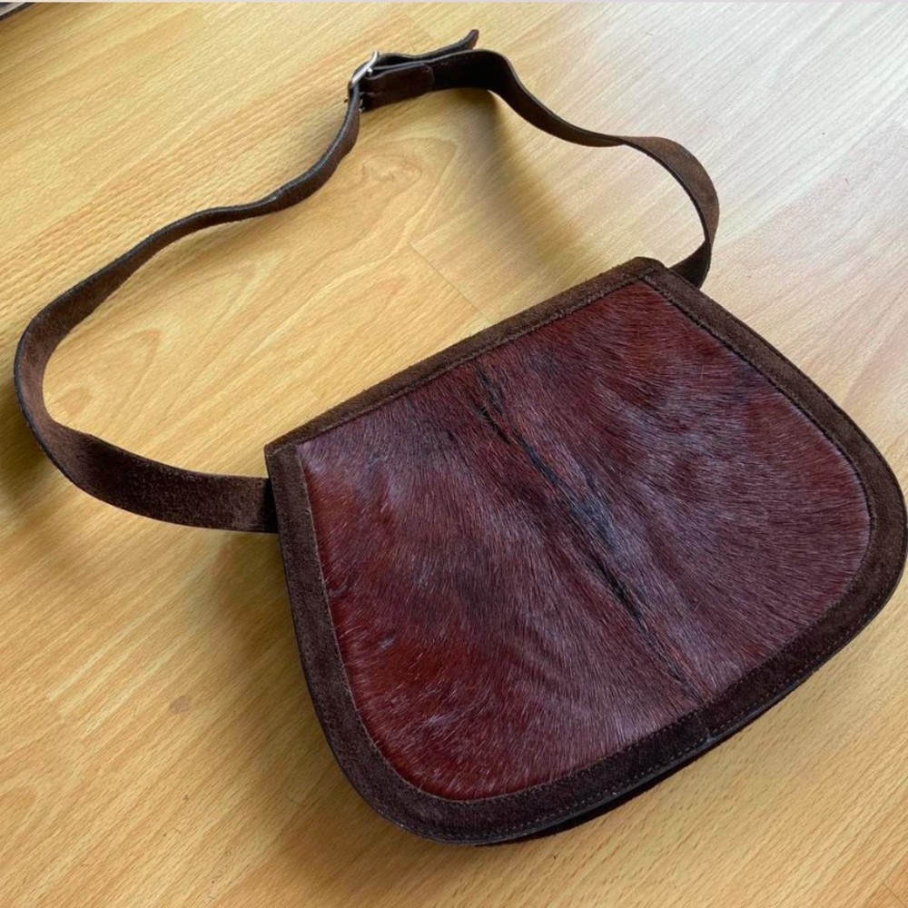 Vintage 1990s pony hair brown suede saddle bag Made in France